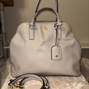 Tory Burch Light Cream Leather Robinson Open Dome satchel with Gold Hardware